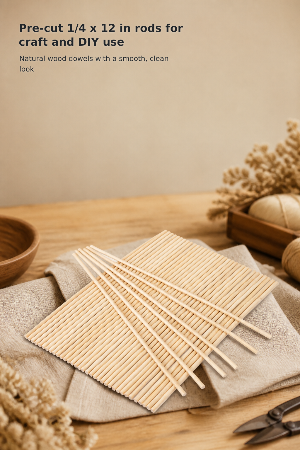 50-Piece Wooden Dowel Rod Set – 1/4 × 12 Inches